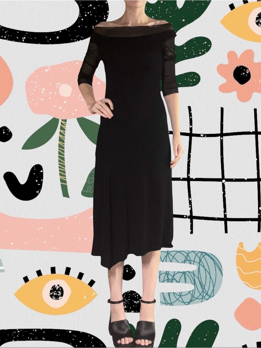 Bets by Canvasbacks | Vintage 90s/Y2K Textured Off The Shoulder Mesh Trim Dress